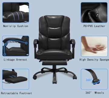 JUMMICO Leder-Bürostuhl mit Massagefunktion, Bürostuhl mit Fußstütze, Hochlehner 135° Computerstühle, Bürostühle mit 360°-Drehrollen für Zuhause, Schwarz - 6