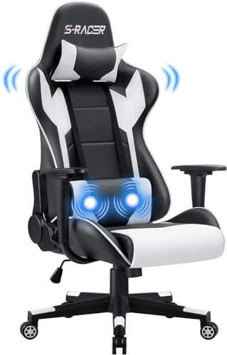 JUMMICO Massage Gaming Stuhl, Bürostuhl Ergonomisch mit Lendenwirbelstütze, Computerstühle Racing Bürostühle Gaming Sessel, Höhenverstellbar Liegestuhl Schreibtischstuhl 150kg Belastbarkeit, Weiß - 1