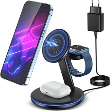 Magsafe 3 in 1 Wireless Charger Station Kabelloses Ladestation, Ladegerät mit MagSafe für iPhone 14, 13 + Apple Watch + AirPods, mit 18W QC 3.0 Adapter - 1